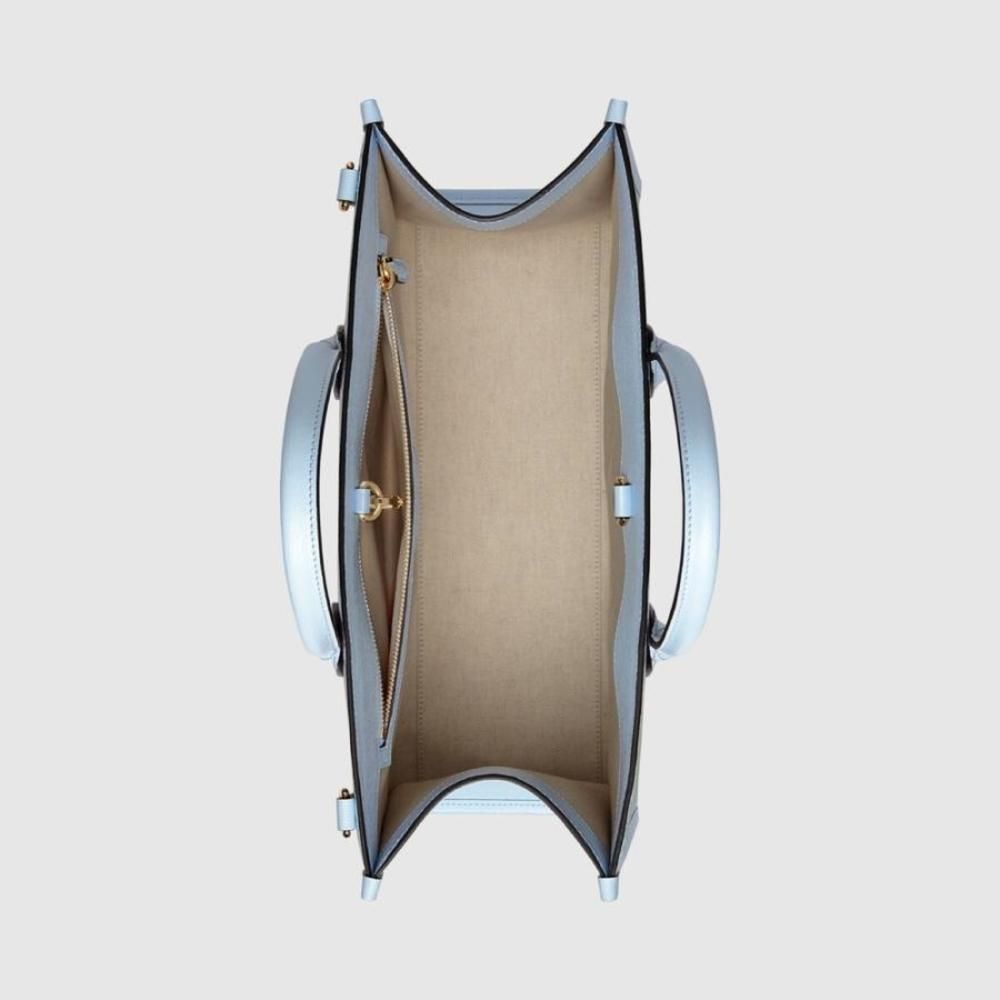 Gucci Tote Bag Shoulder Bag Light Blue Gold Tiger Flower Print Leather - Picture 6 of 7